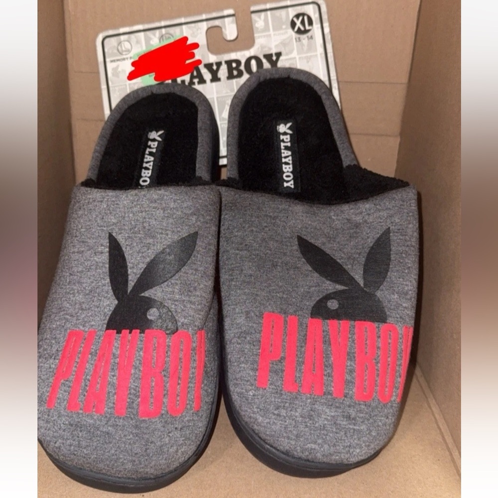 PLAYBOY Gray and Red Logo Slippers Mens size 13/14 new